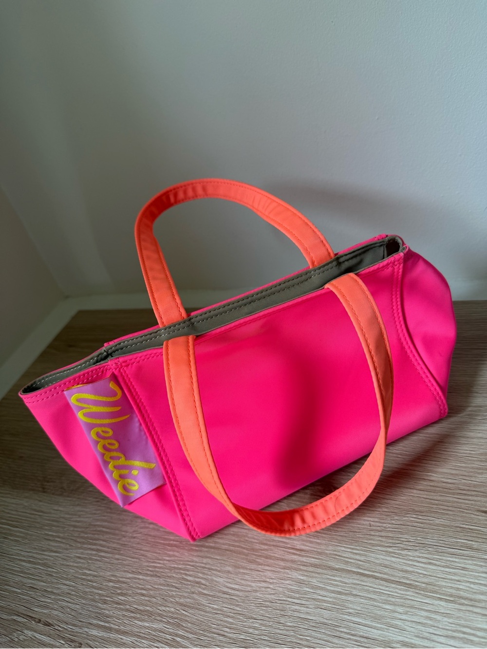 Edie Parker “Weedie” Neon Pink and Orange Bodega Tote Bag